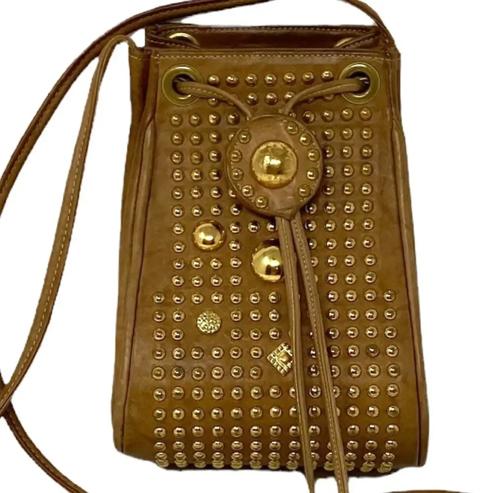Ladies Tan Studded St Maartan Dallas Crossbody Bucket Drawstring Shoulder Bag